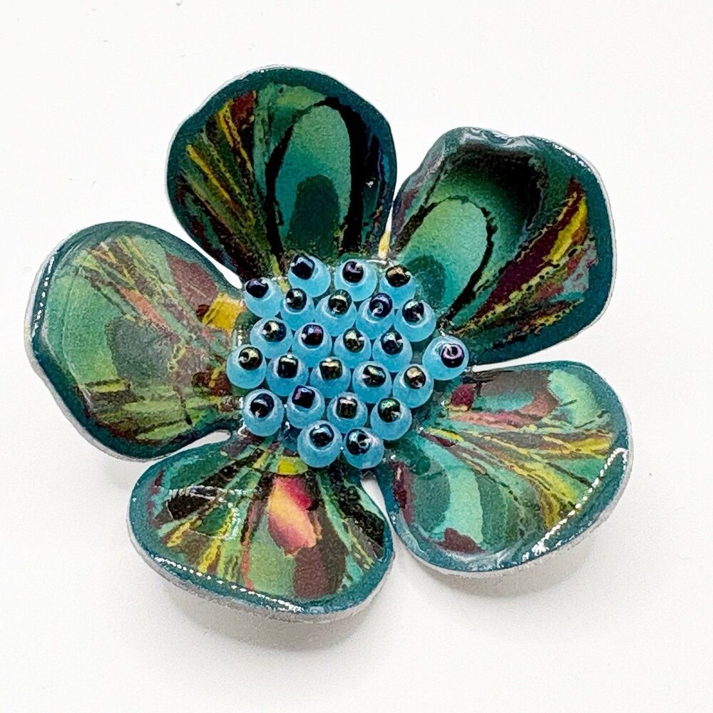 Vintage Enamel Flower Pin Brooch BOHO Retro Teal Green Blue Iridescent 2” Signed